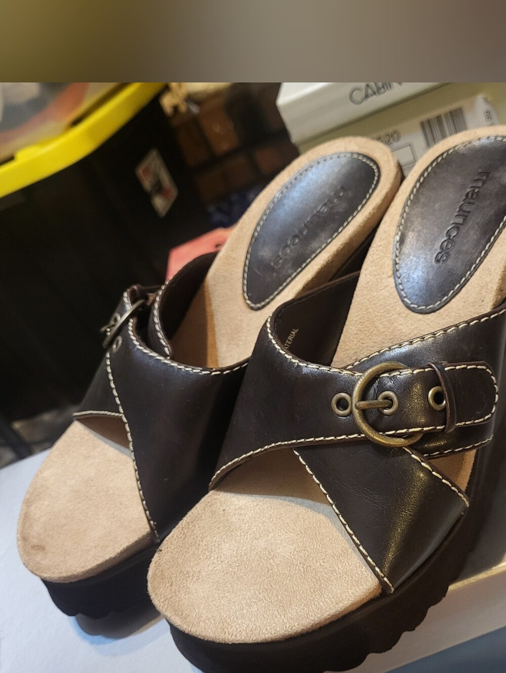 Vintage Maurices Y2K Brown Faux Leather Wedge Sandals Buckle Slides Size7